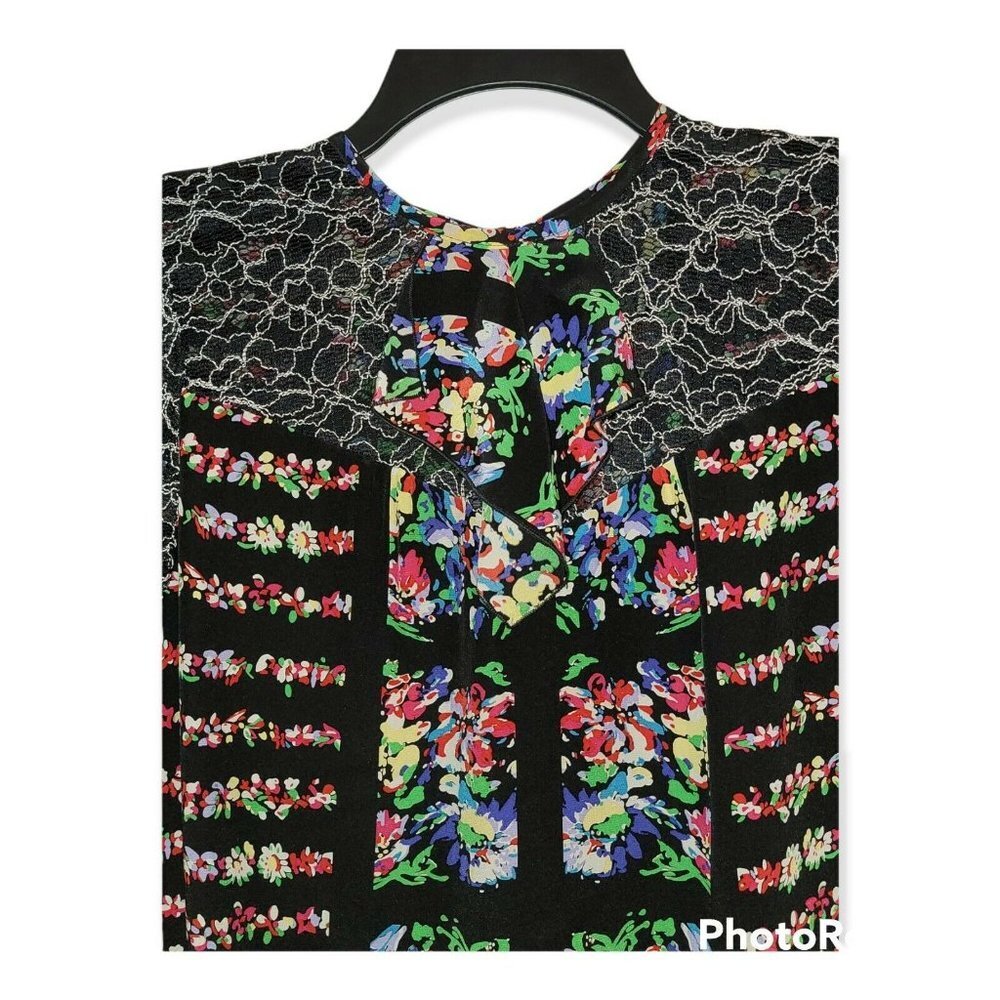 Anna Sui Black Silk and Lace Floral Print Shift Dress Size 6 - Picture 3 of 5